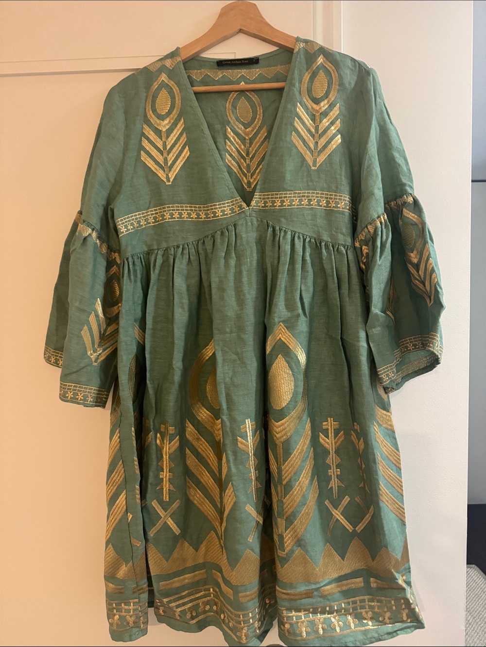Greek Archaic Kori Light Teal Embroidered Midi Dress with Gold Motif - Picture 2 of 4